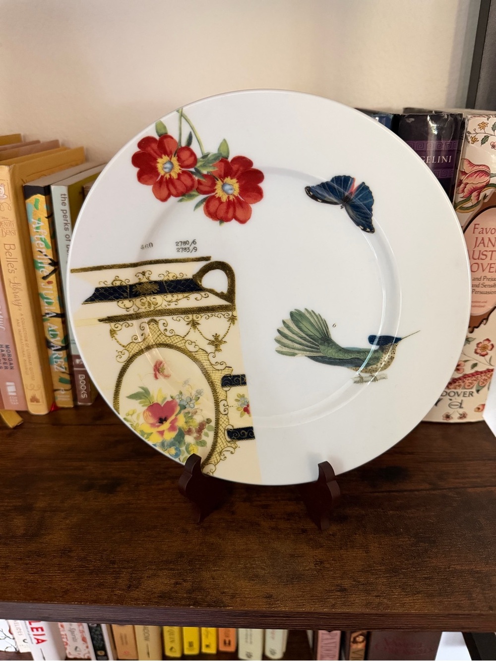 Decorative Floral & Bird Dinner Plate in White, Red, Green